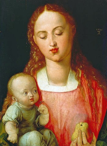 Albrecht Dürer, Die Jungfrau mit dem Kind (Die Jungfrau mit der Birne). (Dürer,Albrecht,1471-1528,Florenz,Galleria degli Uffizi,Madonna,Albrecht Dürer,Obst,Maria,16. Jahrhundert,Birne,Spätgotik,Renaissance,Deutschland,deutsche Renaissance,Jungfrau,Kind,Christuskind,Brustbild,Kleinkind,lieblich,Kirschmund)