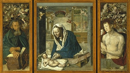 Albrecht Dürer, Der Dresdener Altar. Um 1496 (Madonna, Maria, Jesuskind, Heiliger Antonius, Heiliger Sebastian, Heilige, Gebetbuch, religiös, Neues Testament, Klassiker, Malerei, Altarbild, Triptychon, Wohnzimmer, Renaissance, Wunschgröße, bunt)