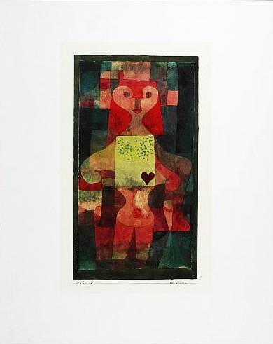 Klee Paul Herzdame (1922) (Frequenzmodulierte Rastertechnik) (Malerei, Expressionismus, Spielkarte, Mädchen, Frau, Herz, Liebe, Klassische Moderne, Schlafzimmer, Wohnzimmer, Treppenhaus, bunt)