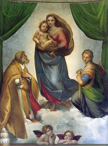 Raffael (Raffaello Sanzio), Die Sixtinische Madonna. 1512/13 (Renaissance,italienische,16. Jahrhundert,Dresden,Gemäldegalerie,Lwd.,1483-1520,Raffael (Raffaello Sanzio),Madonna,Heiliger Sixtus,Heilige Barbara,Heilige,Raffael (Raffaello Santi) 1483-1520,Vorhang,Putten,Engel,Engelchen,Marienbildnis)