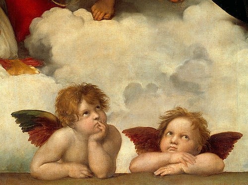 Raffael (Raffaello Sanzio), Zwei Engel. Detail aus Die Sixtinische Madonna. (Dresden,Gemäldegalerie,1483-1520,Raffael (Raffaello Sanzio),Foto: Artothek,Putten,Engel,Raffael (Raffaello Santi) 1483-1520)