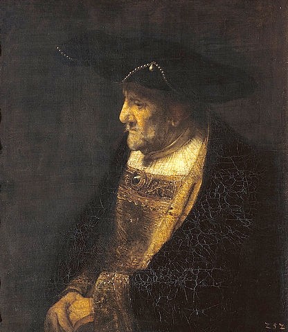 Rembrandt van Rijn, Bildnis eines Mannes mit Perlen am Hut. Um 1662 (Dresden,Gemäldegalerie,Portrait,17. Jahrhundert,Lwd.,1606-1669,Rembrandt van Rijn,Mann, Alter,alt,Rembrandt van Rijn)