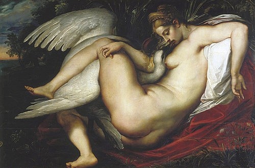 Peter Paul Rubens, Leda mit dem Schwan. 1598/1600. (griechische Mythologie, Götter, Zeus, Schwan, Verwandlung,  Verführung, Barock, Klassiker, Malerei, Treppenhaus, Wohnzimmer, Wunschgröße, bunt)
