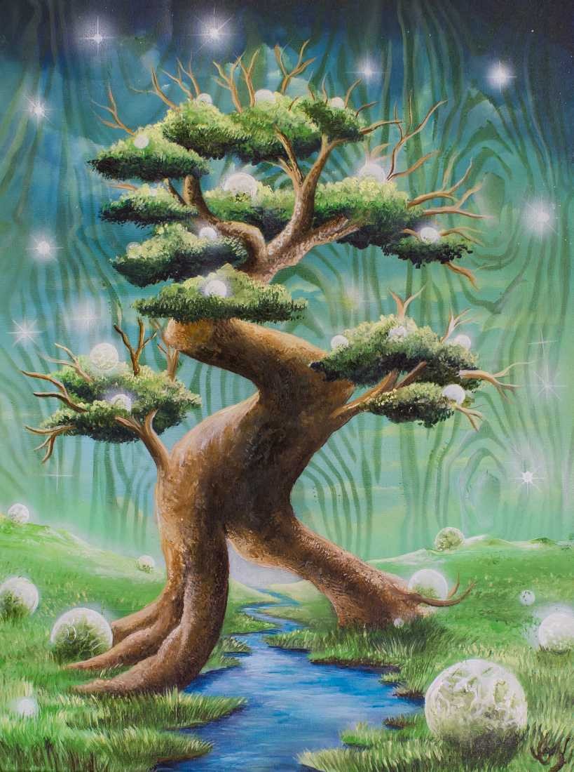 Conny Krakowski, Der Baum der vergessenen Träume (Surrealismus, Traum, Magie, Esoterik, Baum, Traumbaum,Lebensbaum,Geburt,Leben,Sterben,Wege, Lebensweg, Phantasie,Fantasie,Realismus,Malerei,Gemläde,detaiiert,Traumbild,Traumlandschaft,Landschaftsmalerei,Träumerei,Wasserfall,Berge,Wolken,)