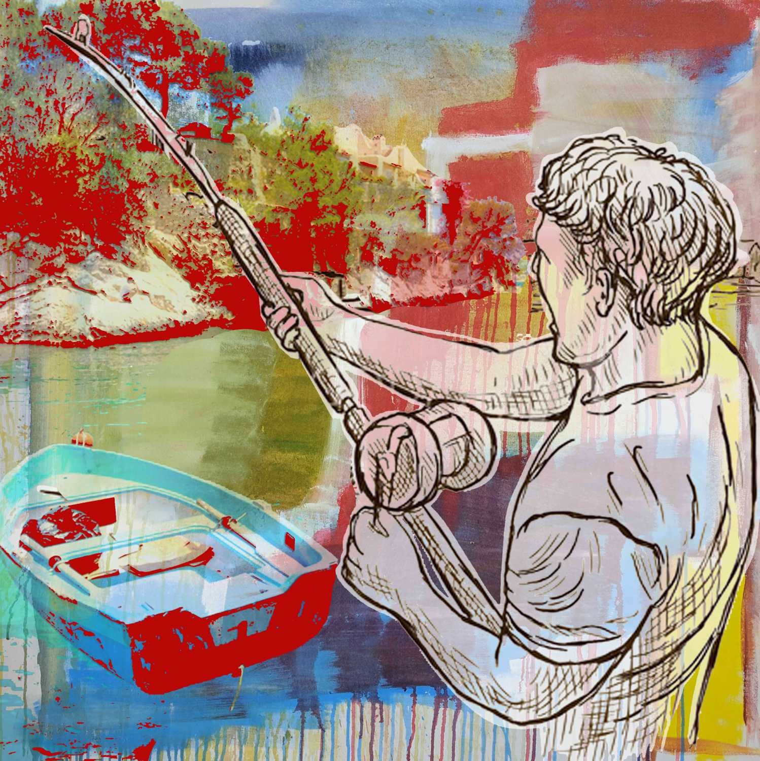 Peter Sander, Der Angler (Mann, Angler, Angel, Boot, See,   Action, Fotokunst, Popart,  modern, illustrativ, Wunschgröße, Treppenhaus, Wohnzimmer,)