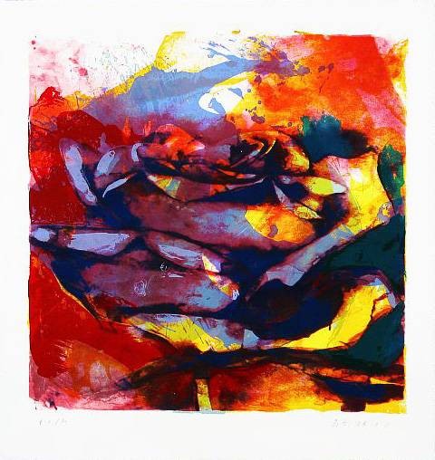 De Vries Paul Rose Berlin (2002) (Siebdruck, handsigniert) (Blumen, Blüten, Rose, abstrahiert, modern, leuchtend,  Wohnzimmer, Büro, Original, Grafik, signiert, bunt)