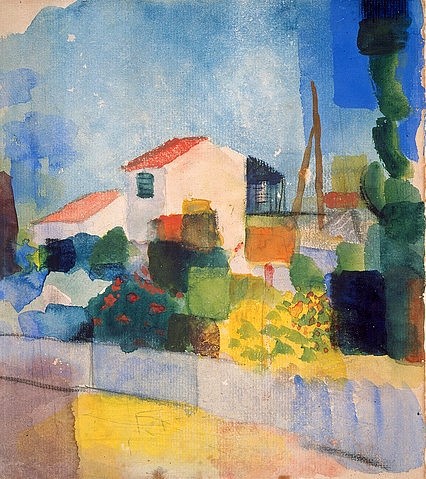 August Macke, Das helle Haus (1. Fassung). 1914 (Tunesien, Tunesienreise, Dorf, Haus, Gebäude, Expressionismus, Blauer Reiter, Malerei, Aquarell, Treppenhaus, Wohnzimmer, Klassische Moderne, Wunschgröße, bunt)