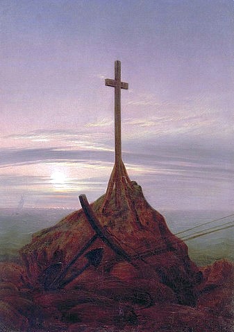 Caspar David Friedrich, Das Kreuz an der Ostsee. 1815. (Kreuz, Hügel, Meer, Meeresbrise, Mond, Ostsee,  Klassiker, Wohnzimmer, Treppenhaus, Malerei, Romantik, Wunschgröße, bunt)
