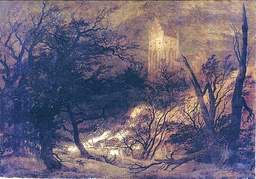 Caspar David Friedrich, Feuersbrunst. (Landschaft, Drama, Katastrophe, Feuer, Schloss, Gefahr, Nacht, Klassiker, Wohnzimmer, Treppenhaus, Malerei, Romantik, Wunschgröße, bunt)