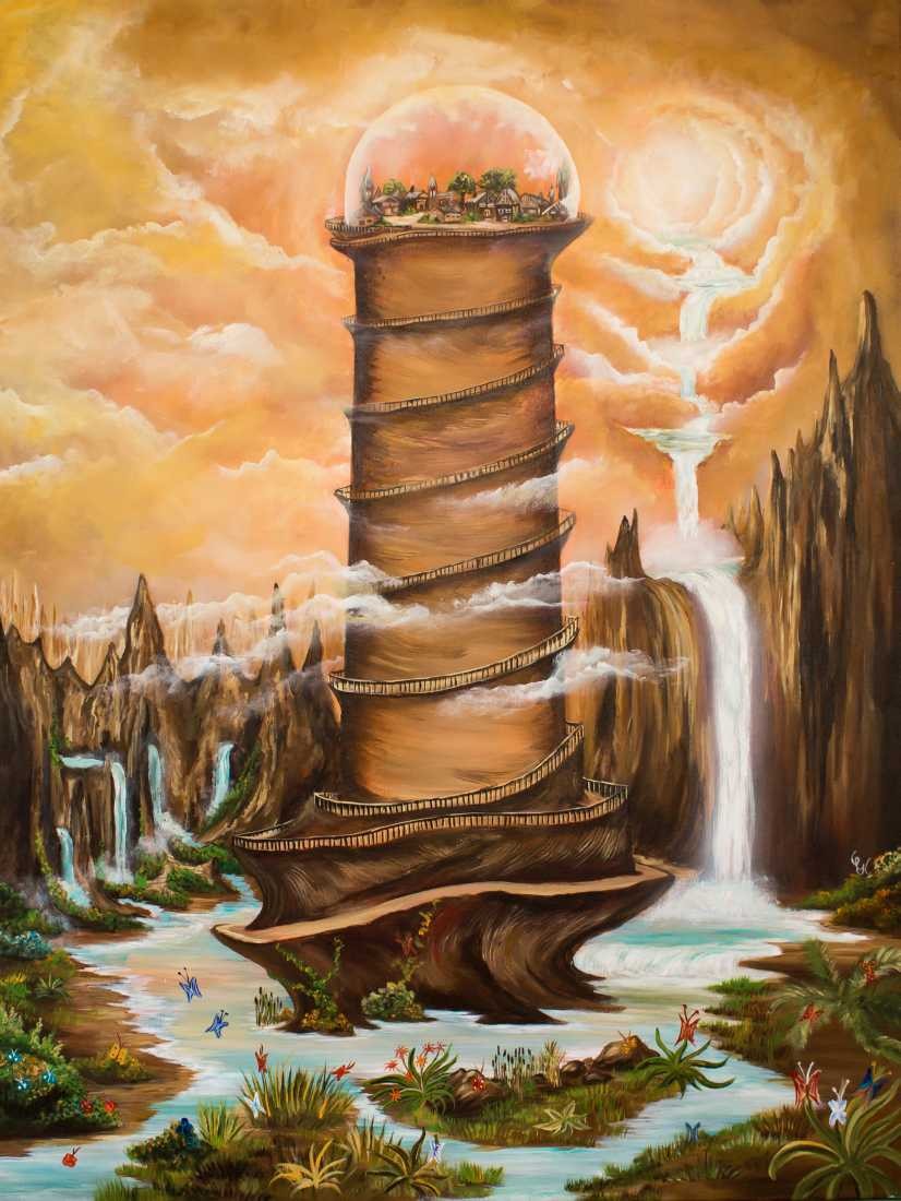 Conny Krakowski, Der einsame Wächter (Surrealismus, Traum, Magie, Esoterik, Baum, Traumbaum,Lebensbaum,Geburt,Leben,Sterben,Wege, Lebensweg, Phantasie,Fantasie,Realismus,Malerei,Gemläde,detaiiert,Traumbild,Traumlandschaft,Landschaftsmalerei,Träumerei,Wasserfall,Berge,Wolken,)