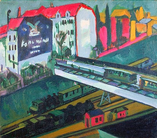 Ernst Ludwig Kirchner, Strassenbahn und Eisenbahn, Blick aus dem Atelier des Künstlers. 1914. (Kirchner,Ernst Ludwig,1880-1938,Lübecker Museen,Museum Behnhaus Drägerhaus,Eisenbahn,Verkehr,Häuser,Brücke,Berlin,Ernst Ludwig Kirchner,20. Jahrhundert,Transportwesen,Zug,Großstadt,Gleise,Vogelperspektive,Straßenbahn,Trambahn,Expressionismus)