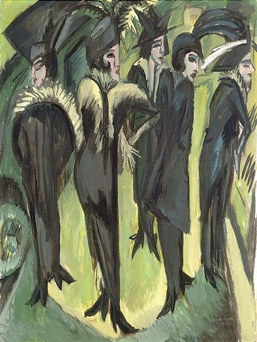 Ernst Ludwig Kirchner, Fünf Frauen auf der Strasse. 1913 (Kirchner,Ernst Ludwig,1880-1938,Köln,Museum Ludwig,Öl auf Leinwand,Kirchner,Ernst Ludwig Kirchner,Straße,Frauen,Frau,Stadt,Pelze,Pelzkragen,Federboa,fünf,elegant,Expressionismus,20. Jahrhundert,Gruppe,unnatürlich,Boulevard,Nachtleben,Prostituierte,Metropo)