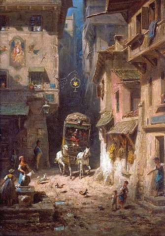 Carl Spitzweg, Die Post. Um 1880 (Spitzweg,Carl,1808-1885,Christie's Images Ltd,Öl/Karton,Wagen,Post,Stadtszenerien,Carl Spitzweg,Kutsche,Postkutsche,Stadt,Gasse,19. Jahrhundert,Biedermeier)