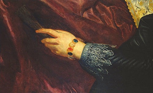 Peter Paul Rubens, Rubens und Isabella in der Geißblattlaube Detail: Hand der Isabella. Um 1609 (Isabella Brant, Künstlergattin,   Armband, Hand Fächer, Geißblattlaube, Detail, Barock, Klassiker, Malerei, Treppenhaus, Wohnzimmer, Wunschgröße, bunt)