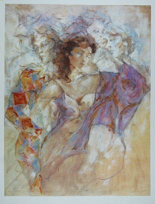 Benfield Gary Dream Dancing (2002) (Siebdruck, handsigniert) (Paar, Mann, Harlequin, Frau, Körper, Transparenz, zart,  figurativ, Grafik, Original, signiert, Schlafzimmer, Wohnzimmer, bunt)