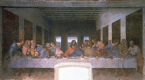 Leonardo da Vinci, Das letzte Abendmahl. 1495-1497 (Aufnahme nach der Restaurierung.) (Wunschgröße, Wandmalerei, Renaissance, Abendmahl, Jesus, Jünger, Tisch, Tafel, Religion, christlich, neues Testament, Klassiker, Esszimmer, Wohnzimmer, bunt)