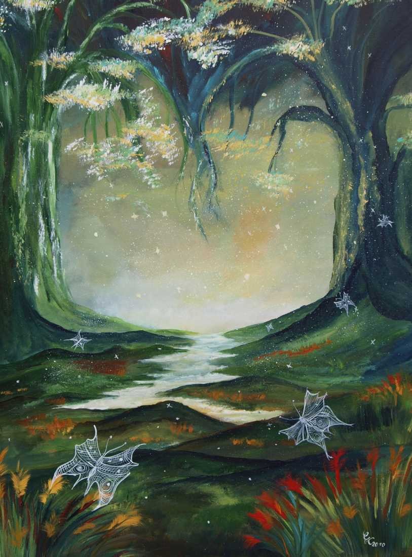 Conny Krakowski, Der magische Wald (Surrealismus, Traum, Magie, Esoterik, Baum, Traumbaum,Lebensbaum,Geburt,Leben,Sterben,Wege, Lebensweg, Phantasie,Fantasie,Realismus,Malerei,Gemläde,detaiiert,Traumbild,Traumlandschaft,Landschaftsmalerei,Träumerei,Wasserfall,Berge,Wolken,)