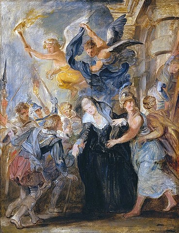 Peter Paul Rubens, Die Flucht von Blois (21./22.Februar 1619). (Maria de Medici, Königin, Engel, Flucht, Rettung, Frankreich, Geschichte, Barock, Klassiker, Malerei, Treppenhaus, Wohnzimmer, Wunschgröße, bunt)