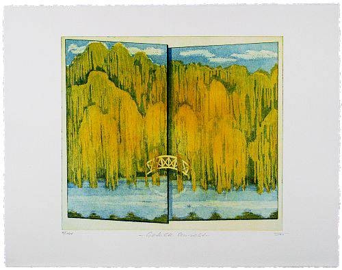 Fries Günther Geteilte Ansicht (2002) (Radierung, handsigniert) (Landschaft, Bäume, Trauerweiden, Original, signiert, Malerei, Wohnzimmer, Treppenhaus, bunt)