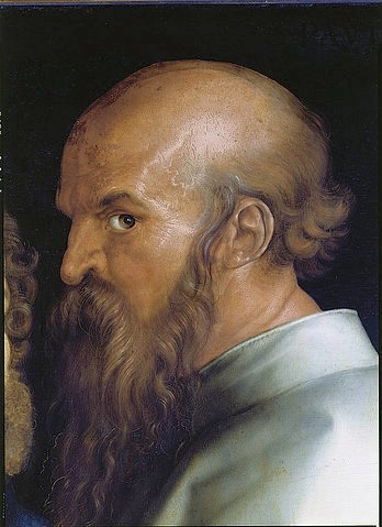 Albrecht Dürer, Der hl. Paulus. Detail aus der rechten Tafel der Vier Apostel (siehe Bildnummer 16917) (München,Alte Pinakothek,Dürer,Albrecht,1471-1528,Heiliger Paulus,Dürer, Albrecht Dürer,Kopf,Apostel,Bart,Blick,skeptisch,Auge, Bayerische Staatsgemäldesammlungen)