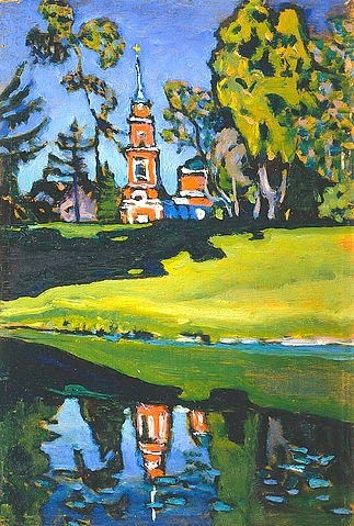 Wassily Kandinsky, Achtyrka - Rote Kirche. Vor 1908 oder 1917. (Kandinsky,Wassily,1866-1944,St. Petersburg,Staatliches Russisches Museum,Öl auf Holz,Kandinsky, Wassily Kandinsky,20. Jahrhundert,Kirche,Kirchturm,Russland,Spiegelung,Park,Parklandschaft,Schatten,Spätsommer)