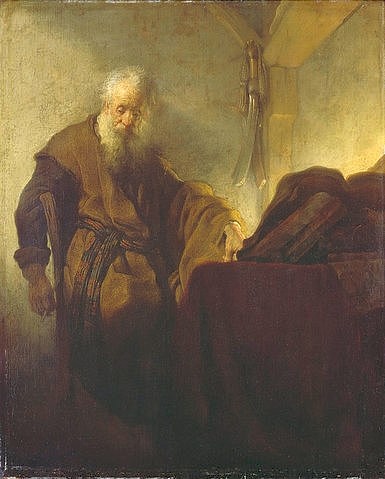 Rembrandt van Rijn (?), Der heilige Paulus, beim Schreiben innehaltend. Um 1628-30 (Nürnberg,Germanisches Nationalmuseum,Öl auf Holz,Rembrandt van Rijn (?),Rembrandt,17. Jahrhundert,Barock,Mann,Paulus,Heiliger,Apostel,alt,alter Mann,bärtig,Kutte,Zimmerecke,Säbel,nachdenklich,melancholisch,weise,Weisheit,karg)