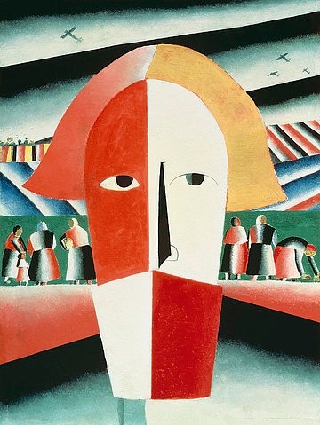 Kasimir Malewitsch, Kopf eines Bauern. 1928/30 (St. Petersburg,Staatliches Russisches Museum,Malewitsch,Kasimir,1878-1935,Öl auf Holz,Konstruktivismus,Kopf,GEsicht,Bauer,rot,weiß,Bäuerinnen)