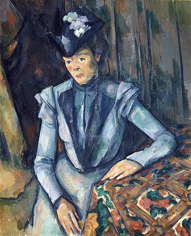 Paul Cézanne, Dame in blau. 1898/99 (Dame, eleganz, sitzende Frau, Kopfbedeckung, Hut, vornehm, Tischdecke,  Klassiker, Impressionismus, Wunschgröße, Wohnzimmer)