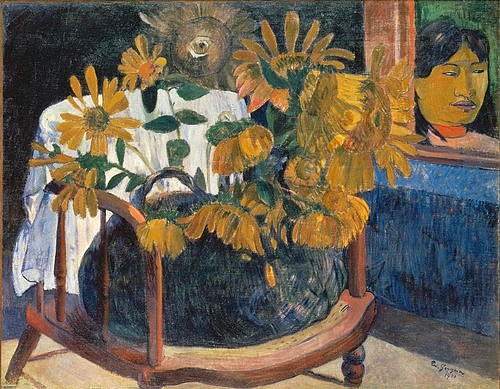 Paul Gauguin, Sonnenblumen auf einem Sessel. 1901 (Gauguin,Paul,1848-1903,St. Petersburg,Eremitage,Öl auf Leinwand,20. Jahrhundert,Blumenstillleben,Gauguin, Paul Gauguin,Spätwerk,Blumen,Stilleben,Stuhl,Laken,Sonnenblume,Sonnenblumen,Gesicht,symbolisch,mysteriös,geheimnisvoll,rätselhaft,Rätsel,mystisch,Aug)