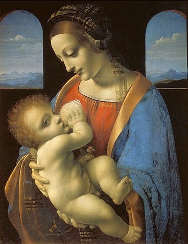 Leonardo da Vinci, Madonna Litta. Um 1490 (Christus, Madonna, Mutter, Kind, Jesuskind, Mutterliebe, stillen, Religion, Neues Testament, Landschaft,  Schlafzimmer, Wohnzimmer,  Wunschgröße, Renaissance, Malerei, Klassiker)