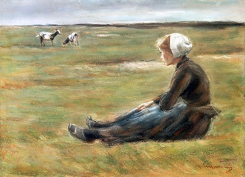 Max Liebermann, Die Ziegenhirtin. Um 1890 (Kind, Mädchen,  Bauernmädchen, nachdenklich, Ziegen, Weiden,  Hirtin, Landschaft, Impressionismus, Wunschgröße, Wohnzimmer, Esszimer, bunt)