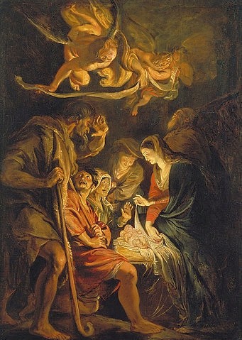 Peter Paul Rubens, Die Geburt Christi. 1608 (Geburt Christi, Stall, Heilige Familie, Engel, Hirten, Neues Testament, Bibel, Religion, Weihnachten, Barock, Klassiker, Malerei,  Treppenhaus, Wohnzimmer, Wunschgröße, bunt)
