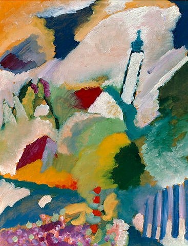 Wassily Kandinsky, Kirche in Murnau. 1910 (Kandinsky,Wassily,München,Städtische Galerie,1866-1944,Öl/Pappe,Kandinsky,Wassily Kandinsky,Bayern,20. Jahrhundert,Blauer Reiter,Expressionismus,Kirche,Turm,Kirchturm,Landschaft,Zwiebelturm,Abstraktion,Farbtupfer,Auflösung Formen,Andeutungen)