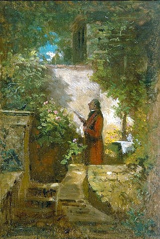 Carl Spitzweg, Der Zeitungsleser im Hausgarten. (Privatbesitz,Spitzweg,Carl,1808-1885,Öl/Lwd./Karton,Garten,Lesen,Mann,Spitzweg,Carl,lektüre,zeitung,deutsch,idylle,pflanzen)
