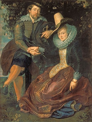 Peter Paul Rubens, Rubens und Isabella Brant in der Geißblattlaube. Um 1609 (Isabella Brant, Künstlergattin,   Rubens, Liebe, Paar, Berührung, Ehepaar, Geißblattlaube, edel, Eleganz, Mühlsteinkragen, Halskrause, Barock, Klassiker, Malerei, Treppenhaus, Wohnzimmer, Wunschgröße, bunt)