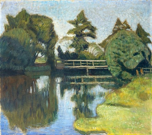 Otto Modersohn, Die Wümmebrücke. 1917/1918(?). (Fluss, Wümme, Brücke, Spiegelungen, Norddeutschland, Landschaft, Landschaftsmalerei,  Künstlerkolonie Worpswede, Klassische Moderne,   Wohnzimmer, Treppenhaus, Wunschgröße)