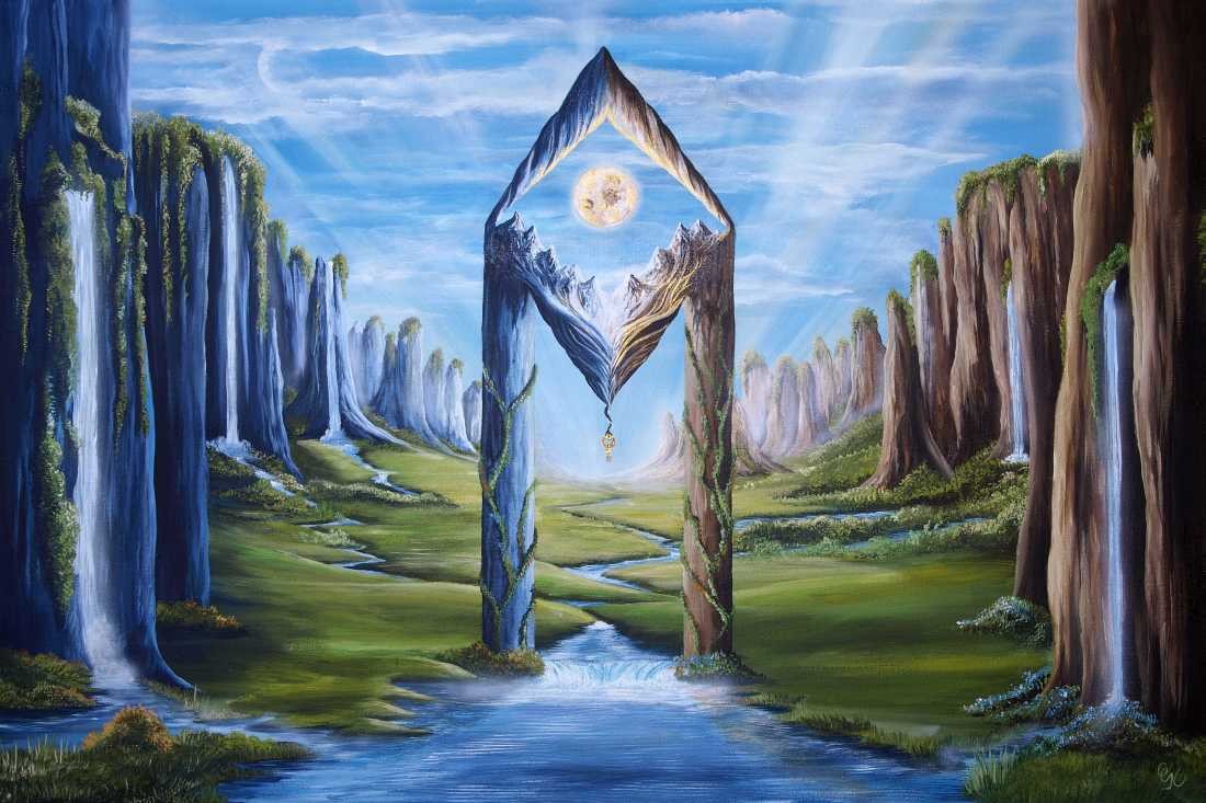 Conny Krakowski, Der Schlüssel (Surrealismus, Traum, Magie, Esoterik, Baum, Traumbaum,Lebensbaum,Geburt,Leben,Sterben,Wege, Lebensweg, Phantasie,Fantasie,Realismus,Malerei,Gemläde,detaiiert,Traumbild,Traumlandschaft,Landschaftsmalerei,Träumerei,Wasserfall,Berge,Wolken,)