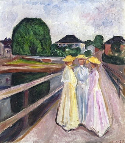 Edvard Munch, Drei Mädchen auf der Brücke. Um 1935 (Munch,Edvard,1863-1944,Öl auf Leinwand,Privatbesitz,Edvard Munch Expressionismus Dialog,Junge Frauen,Frau,drei,20. Jahrhundert,Brücke, Hüte,Pastellfarben Freundschaft Freundinnen)