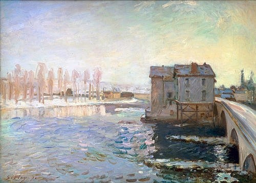 Alfred Sisley, Wassermühle an der Brücke von Moret im Winter. 1890. (Landschaft, Landschaftsmalerei, Brücke, steinerne Brücke, Fluss, Viadukt, Loing, Wassermühle, Jahreszeit, Gebäude, Wohnzimmer, Treppenhaus, Impressionismus, Klassische Moderne, Malerei, bunt)