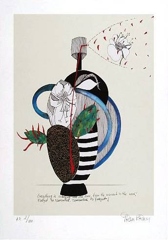 Krum Iren Everything is changing (Lithographie, handsigniert) (Flasche, Flacon, Sprühflasche, Blüten, Frische, Grafik, Original, signiert, modern, Wohnzimmer, Badezimmer, bunt)