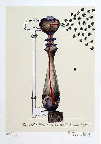 Krum Iren The simplest things in life (Lithographie, handsigniert) (Flasche, Flacon, Sprühflasche, Blüten, Schlüssel, Grafik, Original, signiert, modern, Wohnzimmer, Badezimmer, bunt)