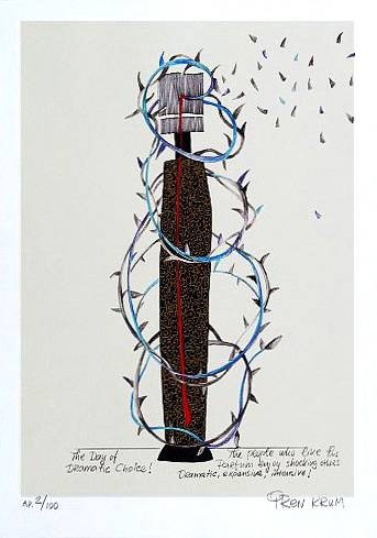 Krum Iren Dramatic Choice (Lithographie, handsigniert) (Flasche, Flacon, Sprühflasche, Dornen, Ranke, Grafik, Original, signiert, modern, Wohnzimmer, Badezimmer, bunt)