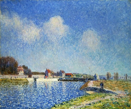 Alfred Sisley, Die Schleuse von Saintes Mammes. 1885 (Sisley,Alfred,Christie's Images Ltd,1839-1899,Frankreich,Kanal,Sisley, Alfred,blau,himmel,impressionismus,impressionistisch,landschaft,französisch,sonnig)