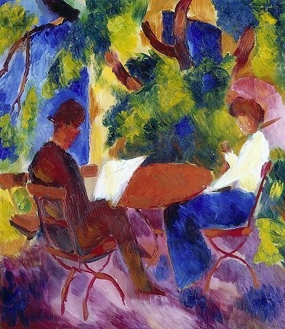 August Macke, Paar am Gartentisch. (Macke,August,1887-1914,Christie's Images Ltd,Lesen Paar, Alte,Garten,Macke, August,natur,expressionismus,farbenfroh,blauer reiter,idylle,sitzend,zeitung,der blaue reiter,deutsch)