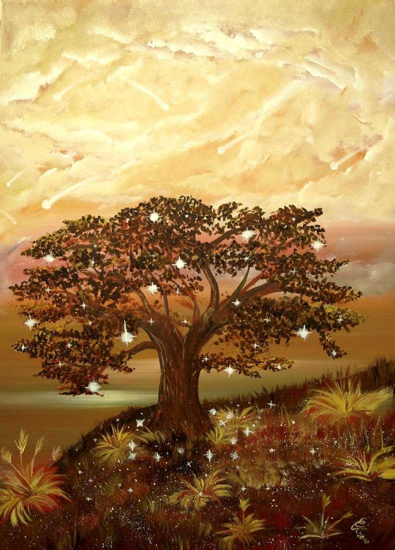 Conny Krakowski, Der sonderbare Sternenbaum (Surrealismus, Traum, Magie, Esoterik, Baum, Traumbaum,Lebensbaum,Geburt,Leben,Sterben,Wege, Lebensweg, Phantasie,Fantasie,Realismus,Malerei,Gemläde,detaiiert,Traumbild,Traumlandschaft,Landschaftsmalerei,Träumerei,Wasserfall,Berge,Wolken,)