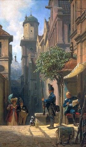 Carl Spitzweg, Er kommt! (Privatbesitz,Spitzweg,Carl,1808-1885,Öl auf Leinwand,19. Jahrhundert,Spitzweg, Carl Spitzweg,Militär,Paar,altes Ehepaar,Stadtszene,Gasse,Trommel,Soldat,Wache,Wachposten,Kleinstadt)