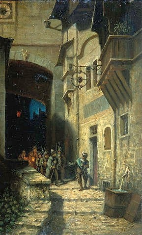 Carl Spitzweg, Die Scharwache. (Privatbesitz,Spitzweg,Carl,1808-1885,carl spitzweg,gasse,straße,abend,nacht,nachts,haus,häuser,soldaten,gruppe,männer,wache,tür,schleichen,spätromantik,lauschen,deutsch)