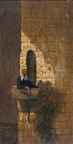 Carl Spitzweg, Ein Student auf dem Balkon des Karzers. (Privatbesitz,Spitzweg,Carl,1808-1885,Öl auf Holz,Balkon,Spitzweg, Carl,mann,junger,student,allein,turm,deutsch)