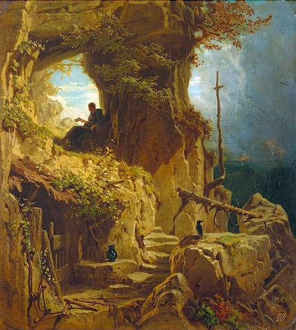 Carl Spitzweg, Der Einsiedler (Bene vixit qui bene latuit). 1850. (Spitzweg,Carl,1808-1885,Privatbesitz,Mönch,Spitzweg, Carl,gebirge,felsen,landschaft,einsamkeit,zurückgezogen,allein,abgeschiedenheit)