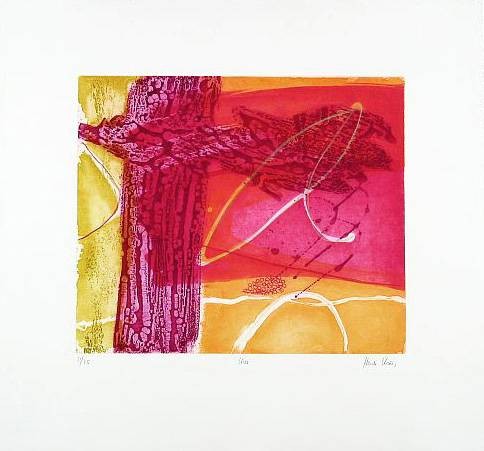 König Heidi Kiss (Radierung, handsigniert) (Baum, Rinde, Struktur, modern, Grafik, Büro, Treppenhaus, Wohnzimmer, Original, signiert, rot/gelb)